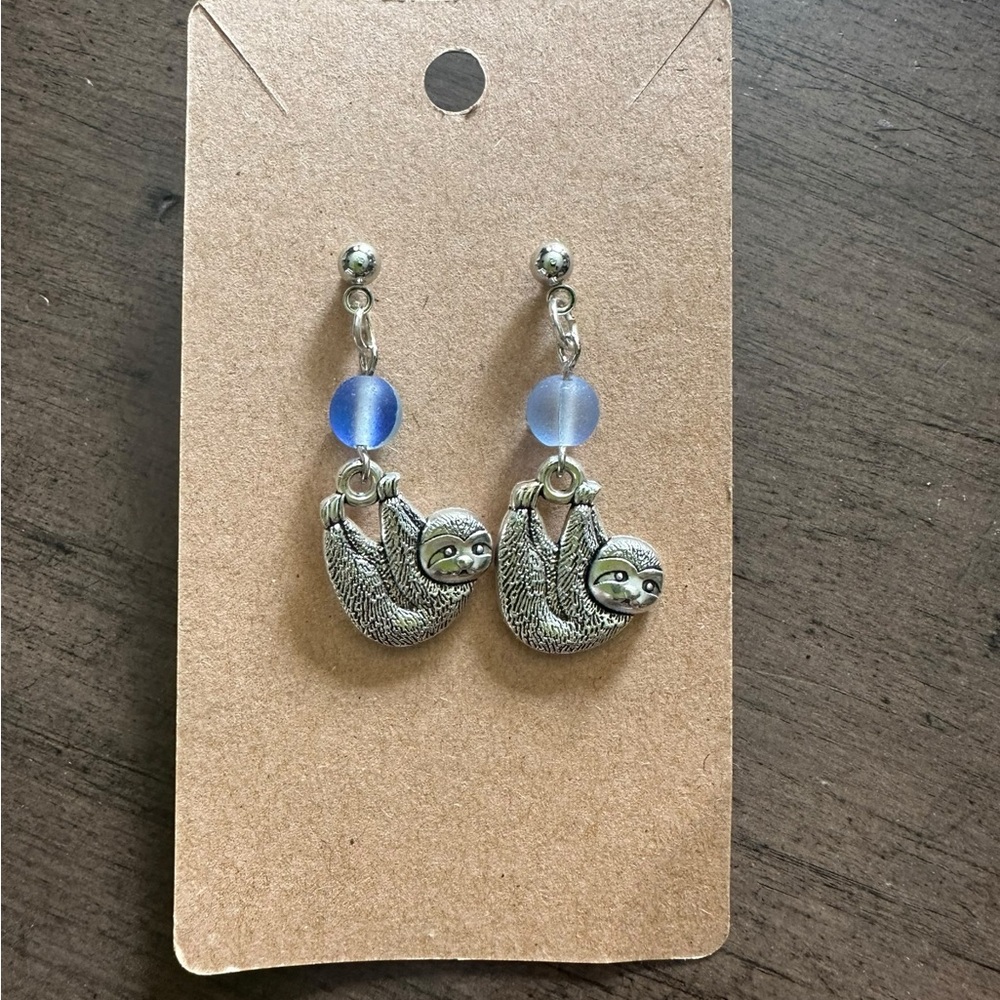 Charming Silver and Blue Sloth Earrings